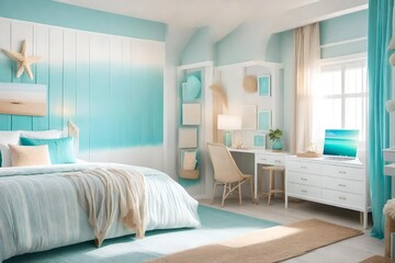 a teenager girl's room with a beachy, coastal theme, featuring a color scheme of aqua blues, sandy beige, and seashell white. 