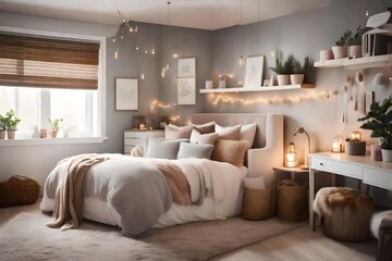 a cozy and inviting teenager girl's room with a hygge-inspired theme, using a color palette of soft neutrals, warm grays, and faux fur textures.  - obrazy, fototapety, plakaty