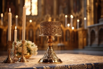 Orthodox church interior with candles and chalice, closeup