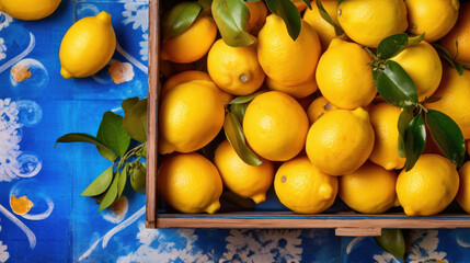 Lemons in a wooden box on a blue tablecloth.