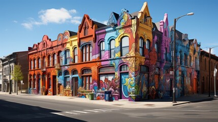Street view with living house covered with abstract colorful graffiti on a sunny day