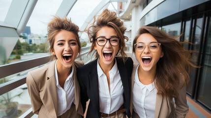 A group of business women laughing out loud. Friends, coworkers, team lifestyle. - obrazy, fototapety, plakaty