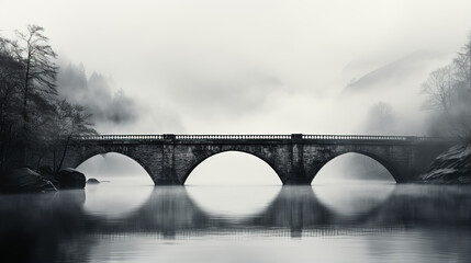 Eerie ancient stone bridge minimalist black and white background with empty space for text 