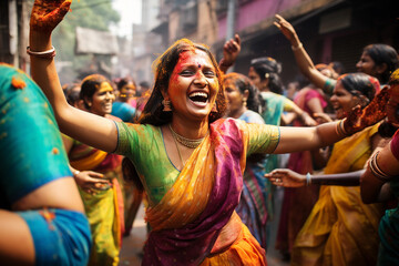 beautiful Indian women's dancing in street, Holi holiday - obrazy, fototapety, plakaty