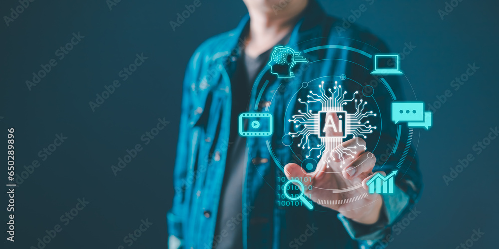 Poster artificial intelligence (ai) tech. man touch ai chip.new technology big data and business process st