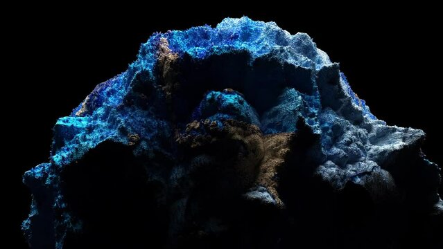 3d render of abstract art video animation with surreal mineral geology stone object ocean coral reef or asteroid in organic forms in deformation process in the dark in blue purple and white mix color 