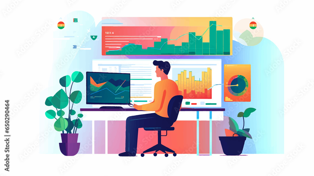 Wall mural people working on computer, flat design vector illustration. flat vector business man working on mon