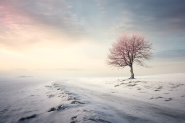 Lonely cherry tree blooming in winter