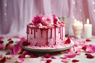 Obraz na płótnie Canvas A romantic homemade pink cake adorned with rose petals. Generative AI