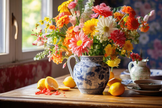 Freshly picked wildflowers in a vase with folk pattern on a kitchen table. Generative AI