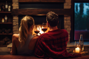 Couple relaxing with glasses of wine at romantic fireplace on winter evening. Generative AI