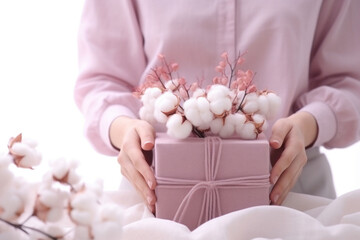 Fototapeta na wymiar Woman's hands hold pink gifts box on pink background with flowers cotton branches. Generative AI