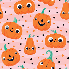Vector seamless background with cute pumpkins and dots