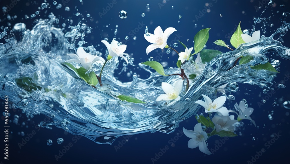 Poster water splash with ice cubes isolated on background, close-up.