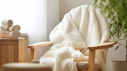 Fototapeta na wymiar A stack of fluffy towels and a bathrobe on a cozy chair, capturing the inviting ambiance of a morning pampering session