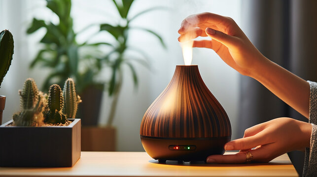 A hand gracefully pouring a few drops of essential oil into a diffuser, the soft diffusion of aroma setting the mood for a calm morning routine