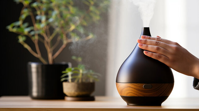 A hand gracefully pouring a few drops of essential oil into a diffuser, the soft diffusion of aroma setting the mood for a calm morning routine