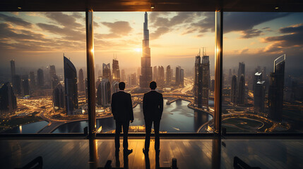 A successful businessman looking out over the city from his high building office window. Successful business concept