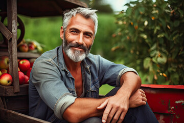 Apple orchard, portrait of a old mature farmer man smiling with clean teeth. guy with fresh stylish hair and beard . autumn harvest