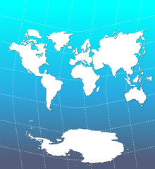 white world map with blue background and shadow