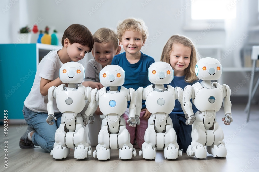 Wall mural group of young children with artificial intelligence android robots.