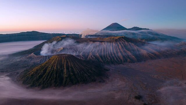 Aerial view of beautiful view in the morning, sea of mist at Mount Bromo. Located in Bromo, Tengger, Semeru National Park, East Java, Indonesia.