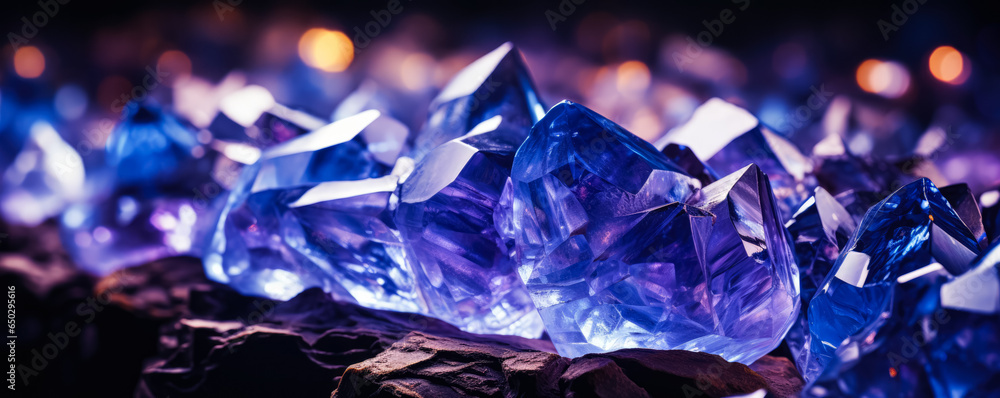 Poster close-up of crystal geode formations background with empty space for text