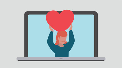 Laptop display with satisfied customer holding up a heart symbol