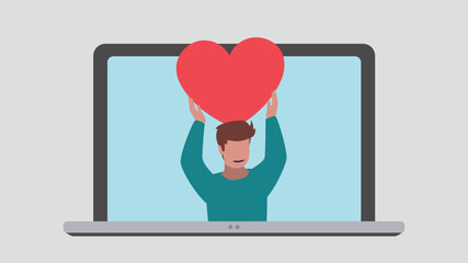 Laptop display with satisfied customer holding up a heart symbol