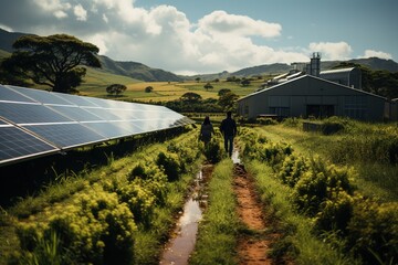 farmer couple walking on their farm with solar panels, sustainable farm, caring for the environment - Powered by Adobe