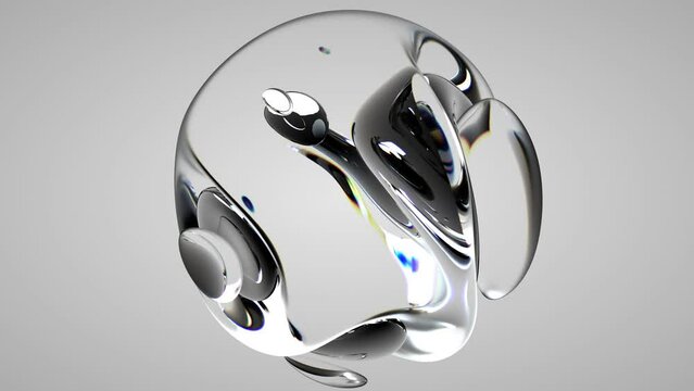 3d render of abstract art with surreal 3d organic alien ball or liquid substance in curve wavy smooth and soft bio forms in silver metal material with glossy glass parts on grey background