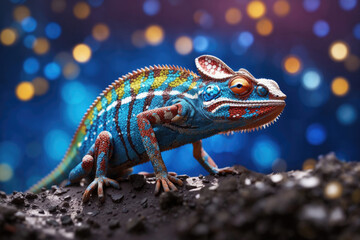 Colorful chameleon on a blue background. ai generative - obrazy, fototapety, plakaty