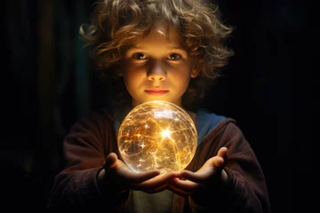 Fotobehang ein Junge hält eine leuchtende Kugel, Lampe auf seinen ausgestreckten Händen, a boy holds a luminous ball, lamp on his outstretched hands © Gabi D