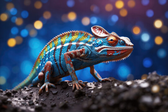Colorful chameleon on a blue background. ai generative