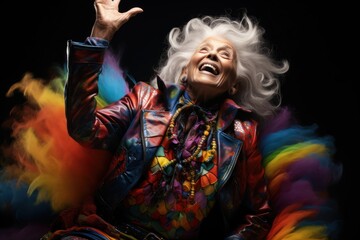 Fototapeta premium Caucasian Woman Elderly Senior Dark Background Elated Setting Rainbow Clothing Backdrop Generative AI