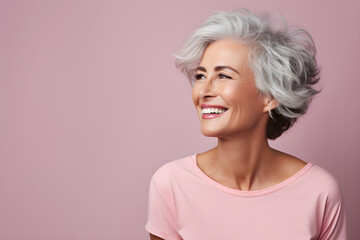 Beautiful gorgeous 50s mid age beautiful elderly senior model woman with grey hair laughing and smiling. Mature old lady close up portrait, Healthy face skin care beauty, skincare cosmetics, dental - obrazy, fototapety, plakaty