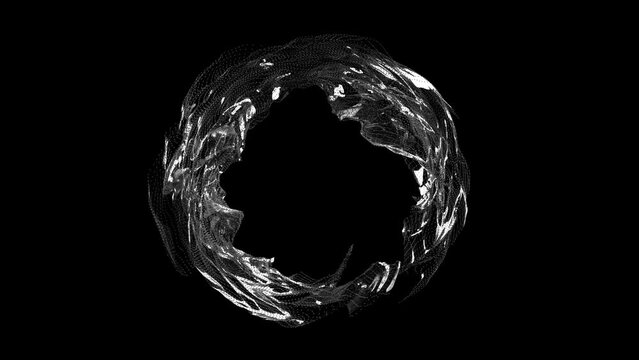 3d render black and white monochrome abstract art video animation with surreal drape in ring circle shape in rotation movement process in translucent plastic material with metal wire structure inside