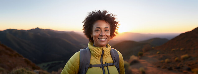Lifestyle portrait of black woman hiking in mountain landscape at sunset with scenic panorama view