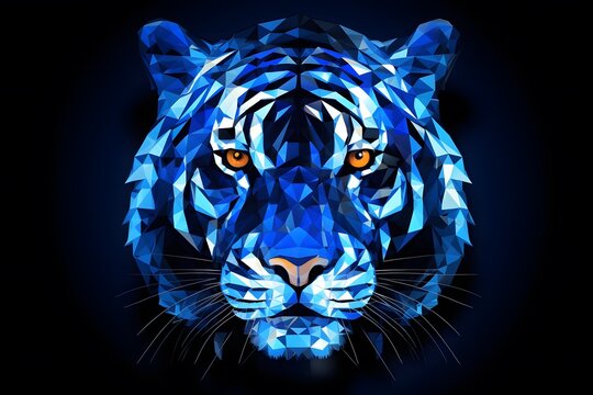 Abstract blue neon tiger head. Wild animal technology background.