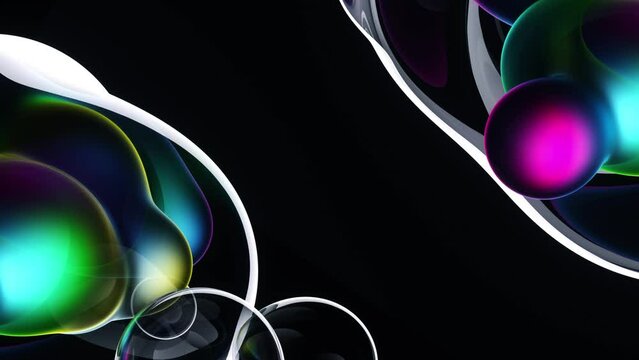 3d render video animation abstract art surreal with part of smooth and round substance based on meta balls spheres or bubbles in matte plastic material in blue purple green and yellow gradient color