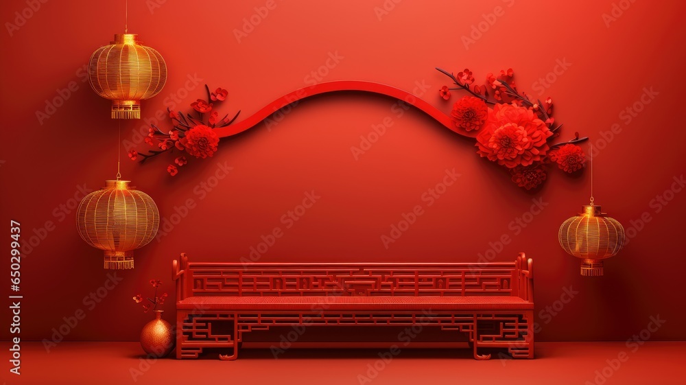 Wall mural inside the red colored chinese hall and palace background for chinese new year festival decoration.