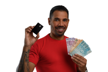 Man with a black credit card and Brazilian money in his hand, red clothes, 