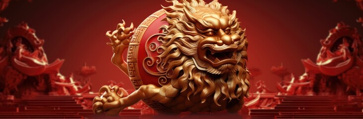 Golden Chinese dragon decoration on red background.