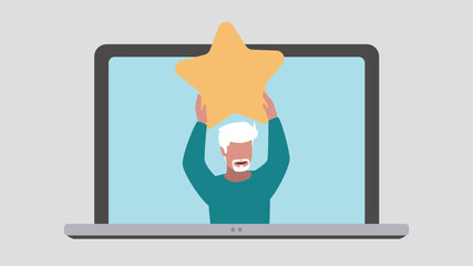 Laptop display with satisfied customer holding up a star