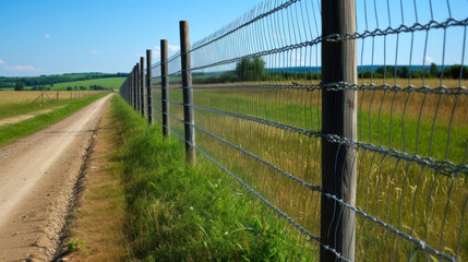 Fototapeta na wymiar Fence on a country road through the fields and meadows in summer