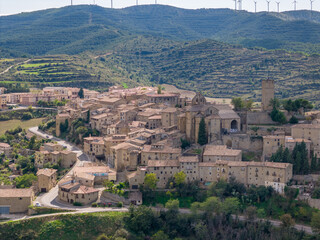 Aerial drone photo of the Spanish town named sos del rey Catolico, a town on top of a hill.