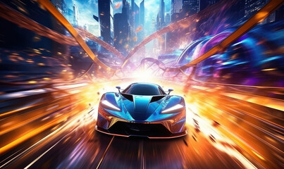 Obraz premium Futuristic car speeding through neon-lit tunnel.