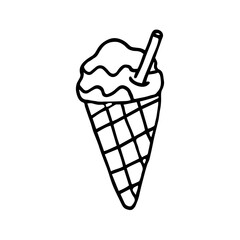 Single hand-drawn ice cream in a waffle cone for greeting cards, posters, recipes, and culinary design. Isolated on a white background. Doodle vector illustration.