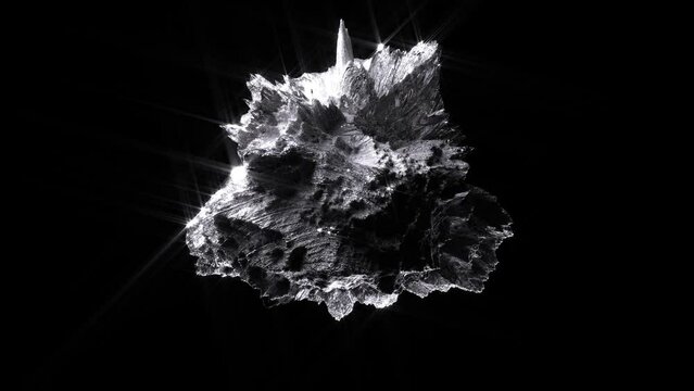 3d render of abstract art video animation video with surreal alien iron stone asteroid with rough scratched damaged surface with glass ice crystal parts in deformation transformation process on black