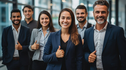 Office workers standing smiling and encouraging. Office background. Leadership, success business concept.